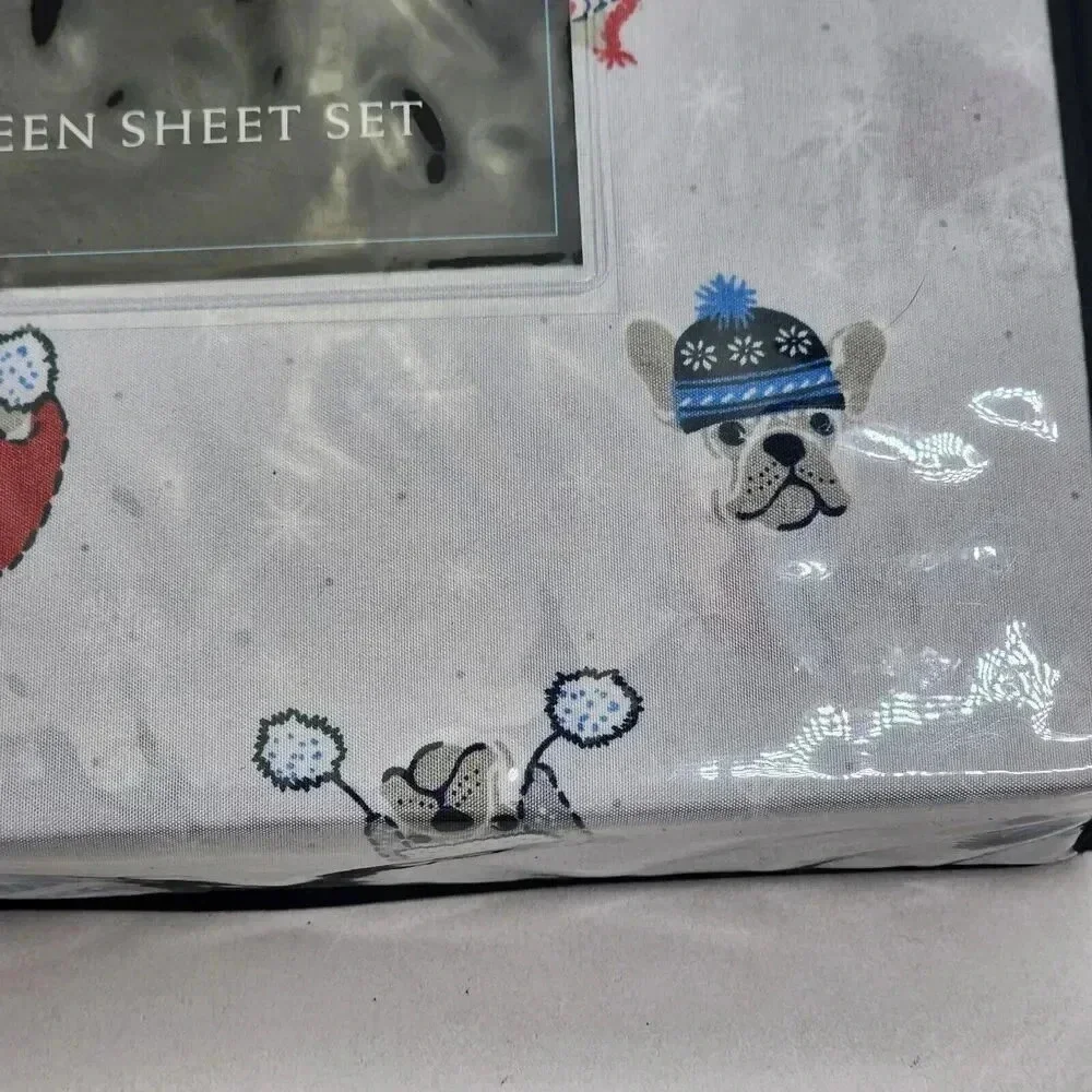 Cynthia Rowley Queen Sheet‎ Set with Two Pillowcases Dogs Hats Winter Snow New